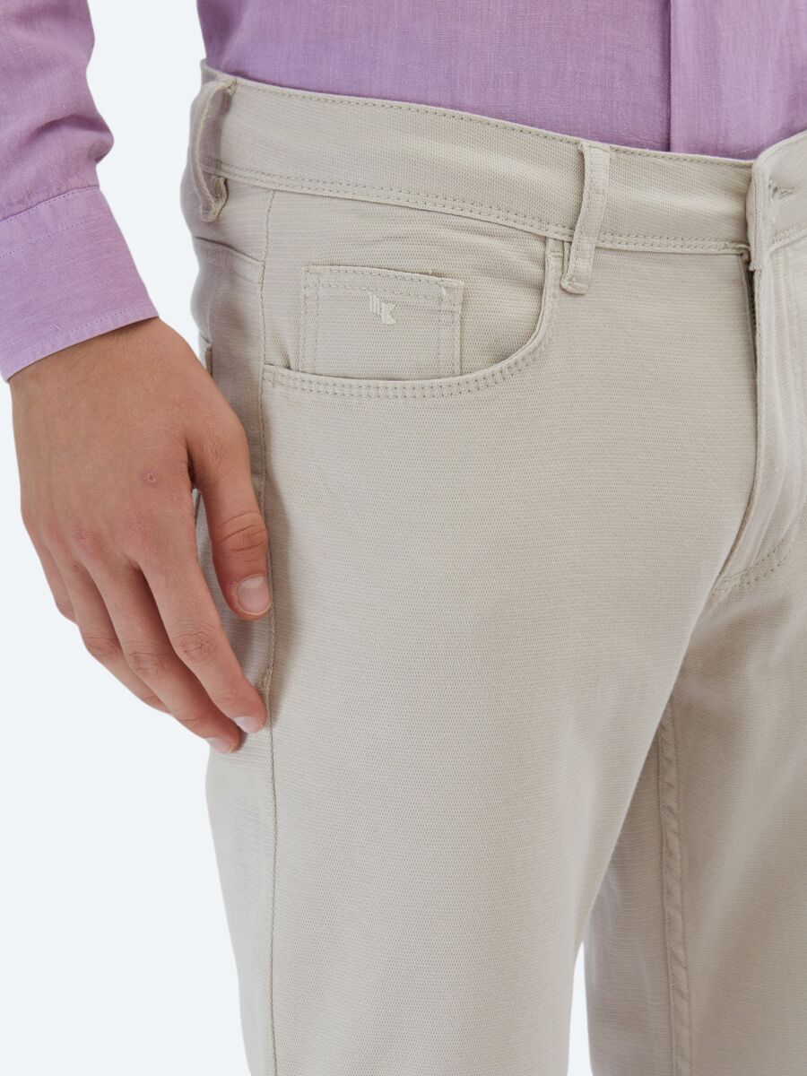 Beige Weaving Slim Fit Casual Cotton Blended Trousers - 3