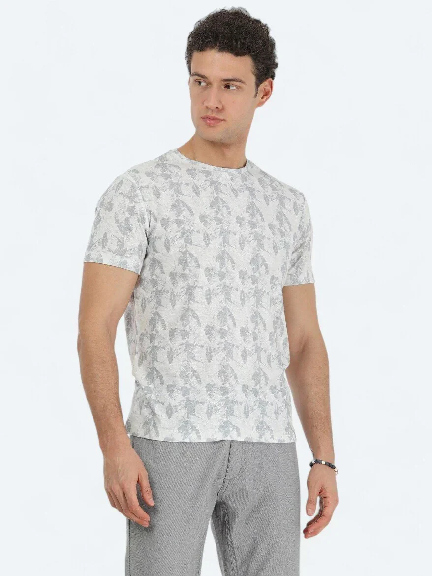 Bej Baskılı Bisiklet Yaka Pamuk Karışımlı T-Shirt - 1