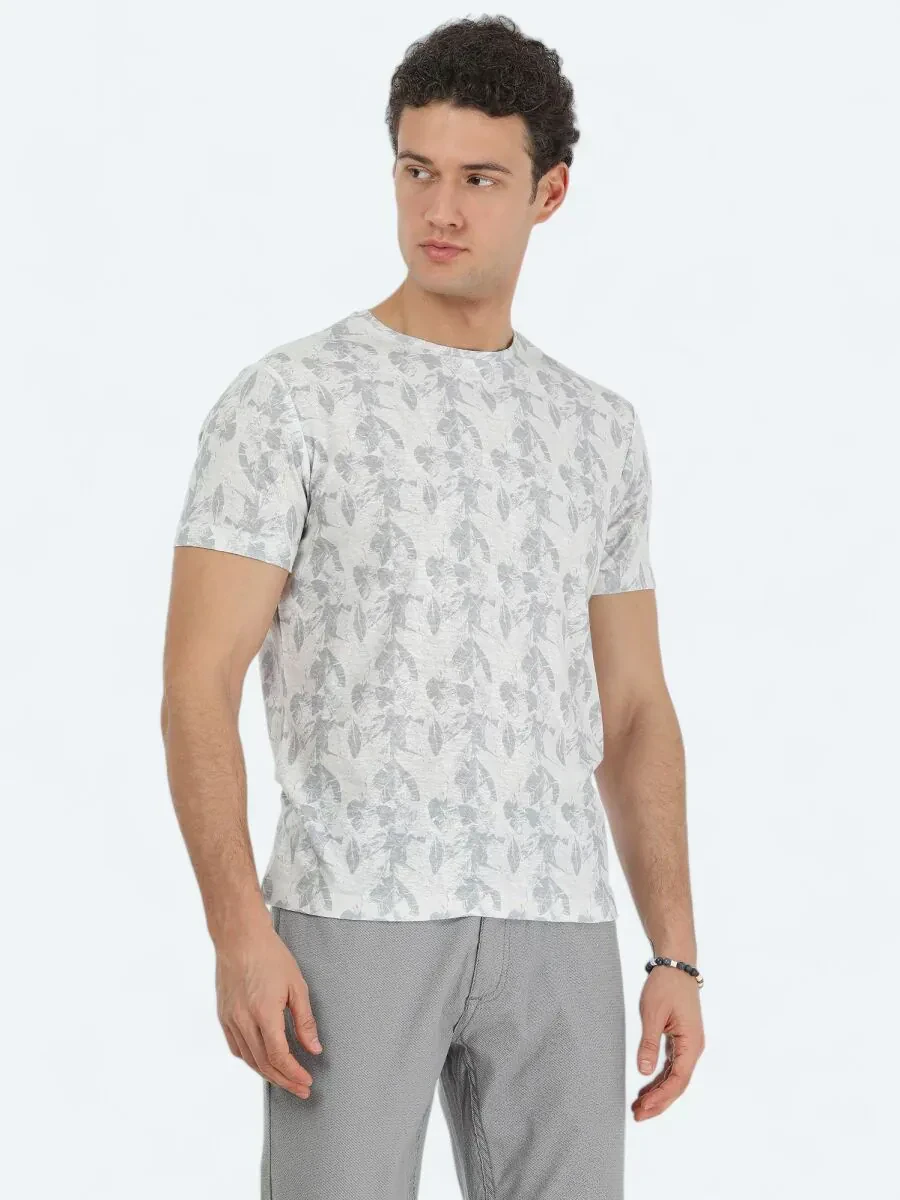 Bej Baskılı Bisiklet Yaka Pamuk Karışımlı T-Shirt - 1