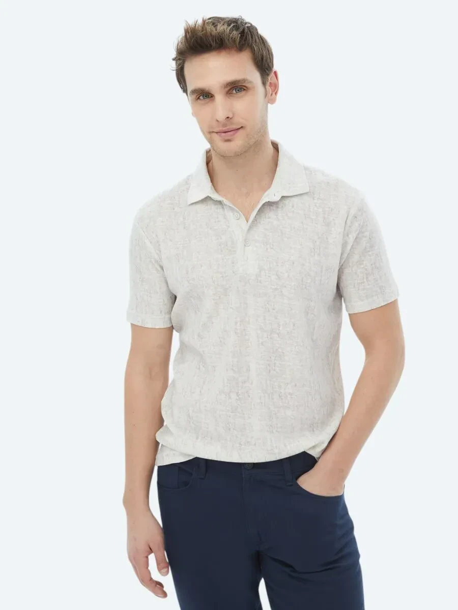 Bej Baskılı Polo Yaka Pamuk Karışımlı T-Shirt - 1