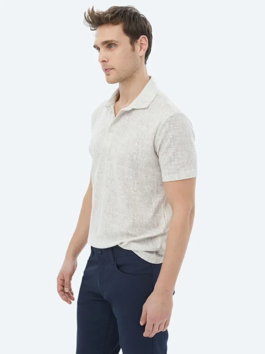 Bej Baskılı Polo Yaka Pamuk Karışımlı T-Shirt - 3