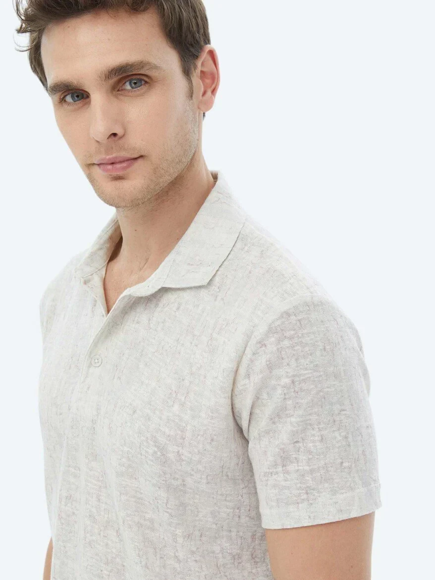 Bej Baskılı Polo Yaka Pamuk Karışımlı T-Shirt - 5