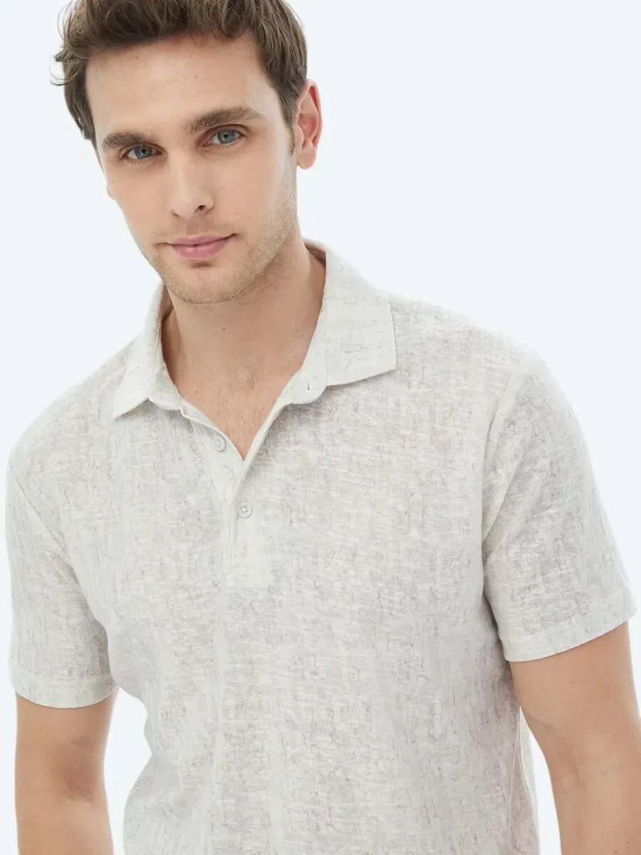 Bej Baskılı Polo Yaka Pamuk Karışımlı T-Shirt - 6