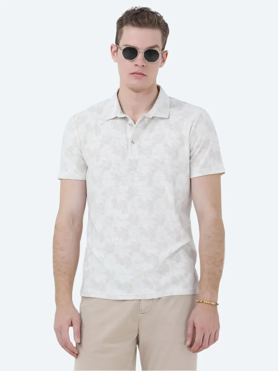 Bej Baskılı Polo Yaka Pamuk Karışımlı T-Shirt - 1