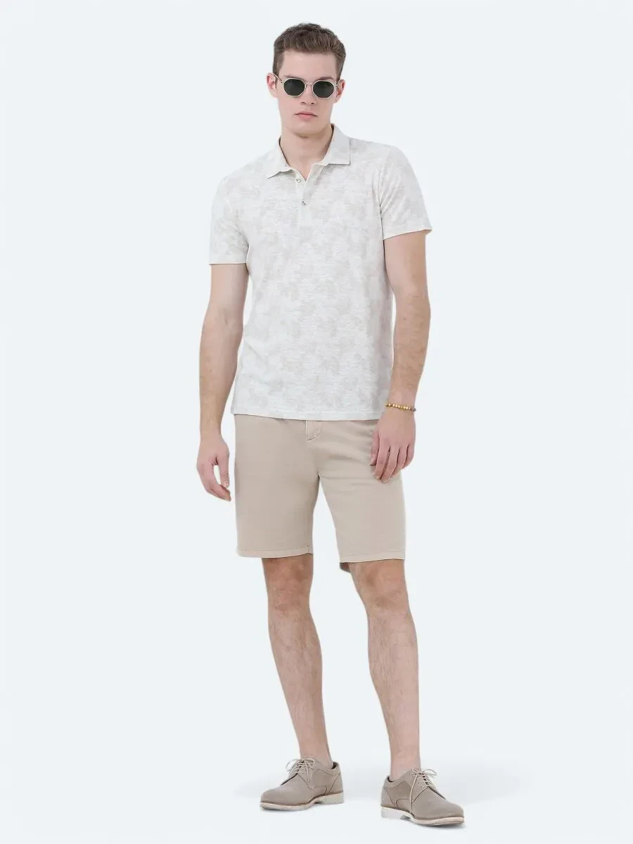 Bej Baskılı Polo Yaka Pamuk Karışımlı T-Shirt - 2