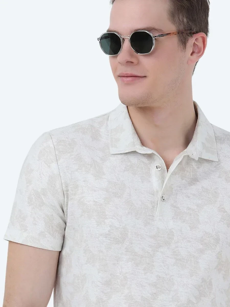 Bej Baskılı Polo Yaka Pamuk Karışımlı T-Shirt - 4
