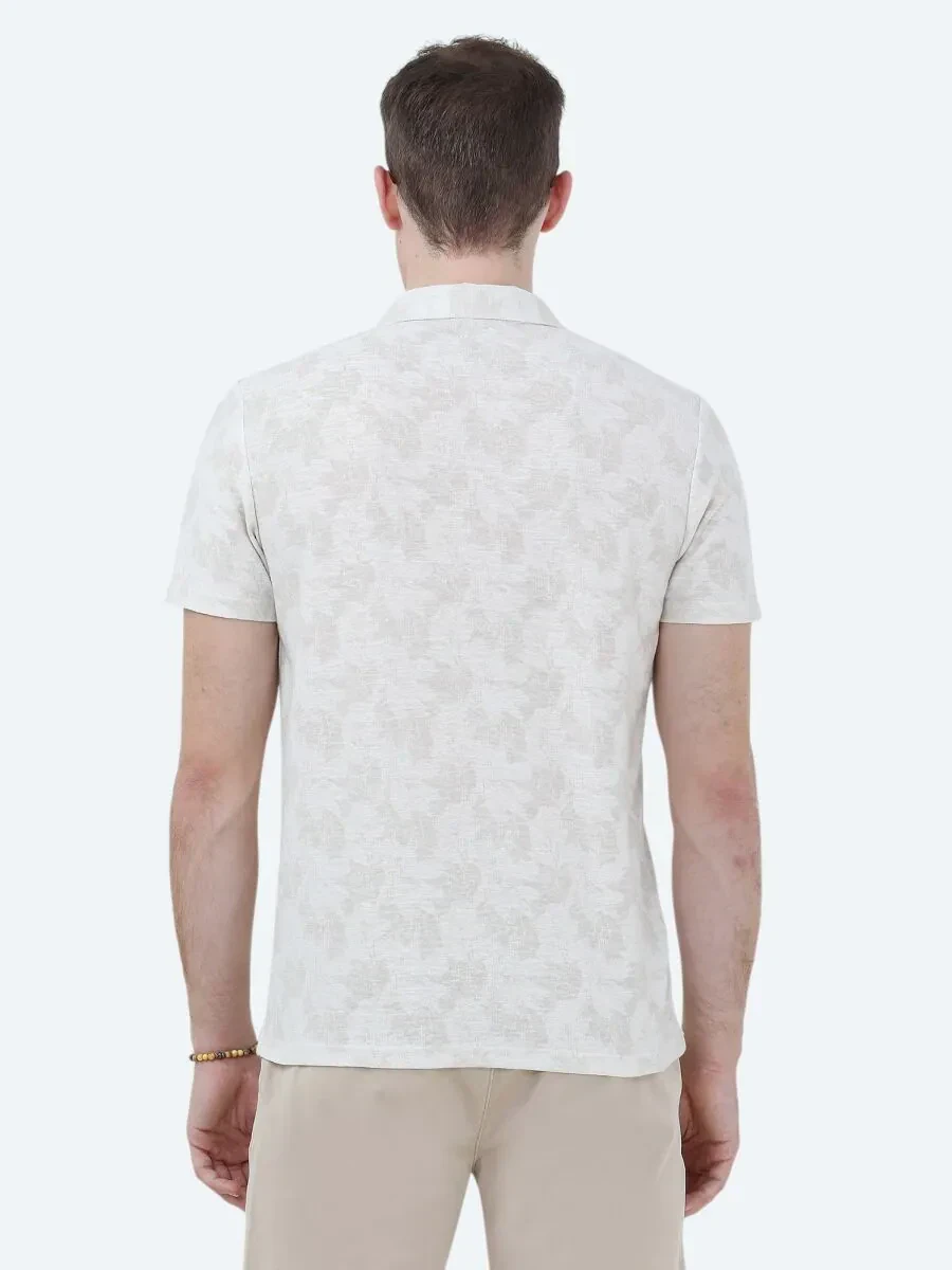 Bej Baskılı Polo Yaka Pamuk Karışımlı T-Shirt - 5