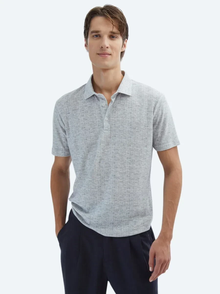 Bej Baskılı Polo Yaka Pamuk Karışımlı T-Shirt - 1