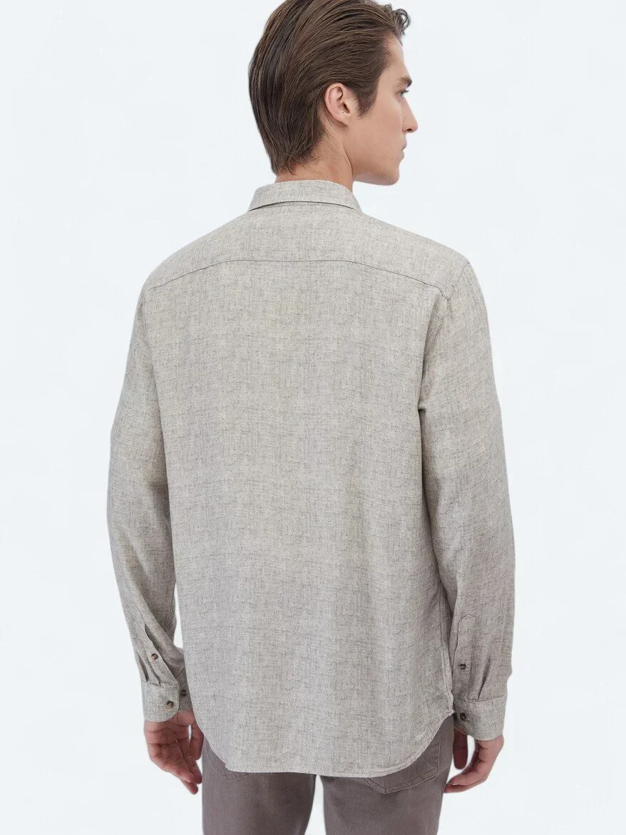 Bej Baskılı Regular Fit Dokuma Casual Gömlek - 5