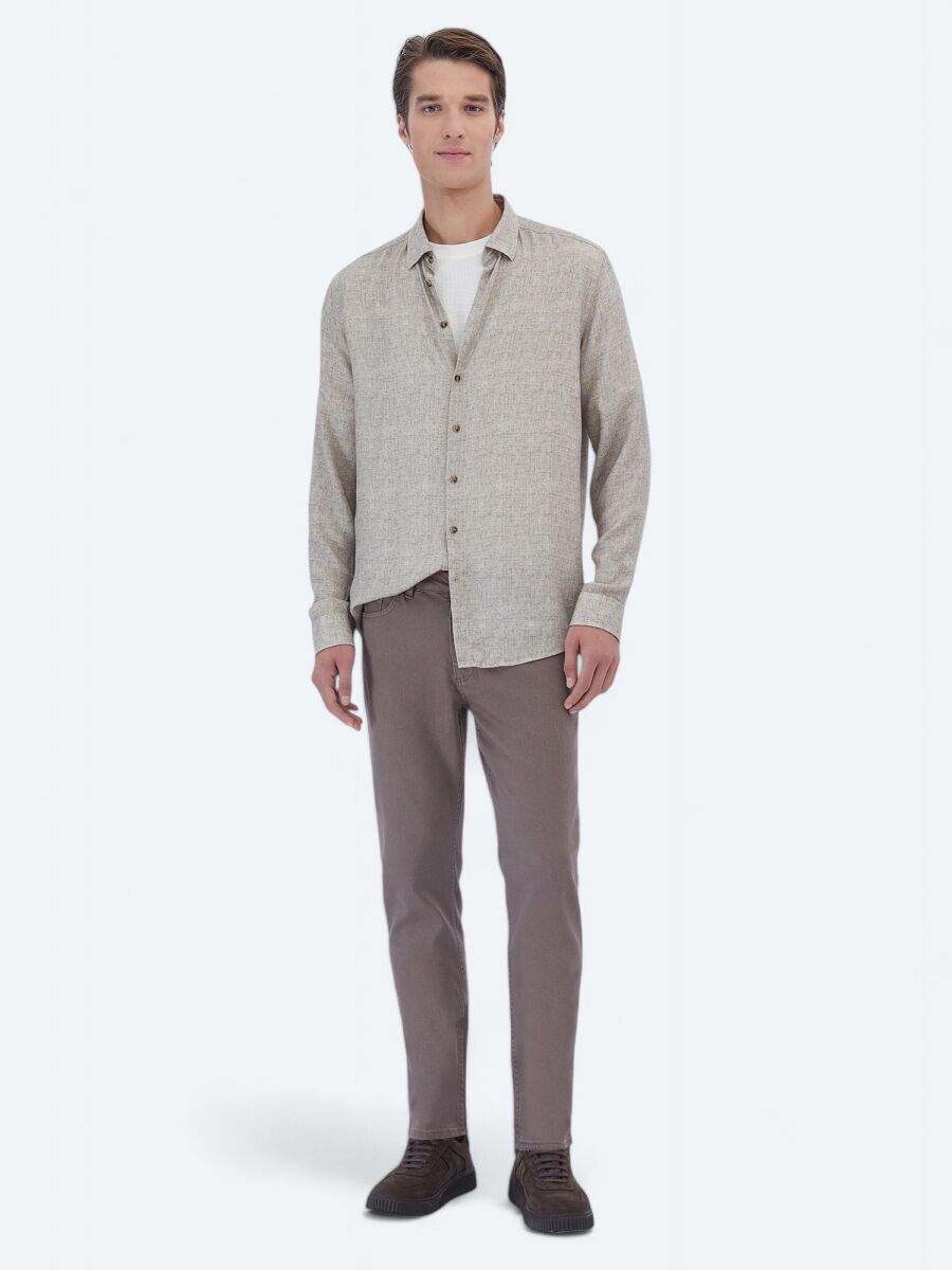 Bej Baskılı Regular Fit Dokuma Casual Gömlek - 2