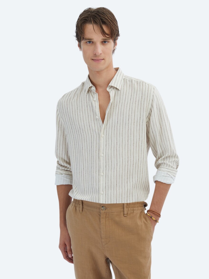 Bej Baskılı Regular Fit Dokuma Casual Gömlek - 1