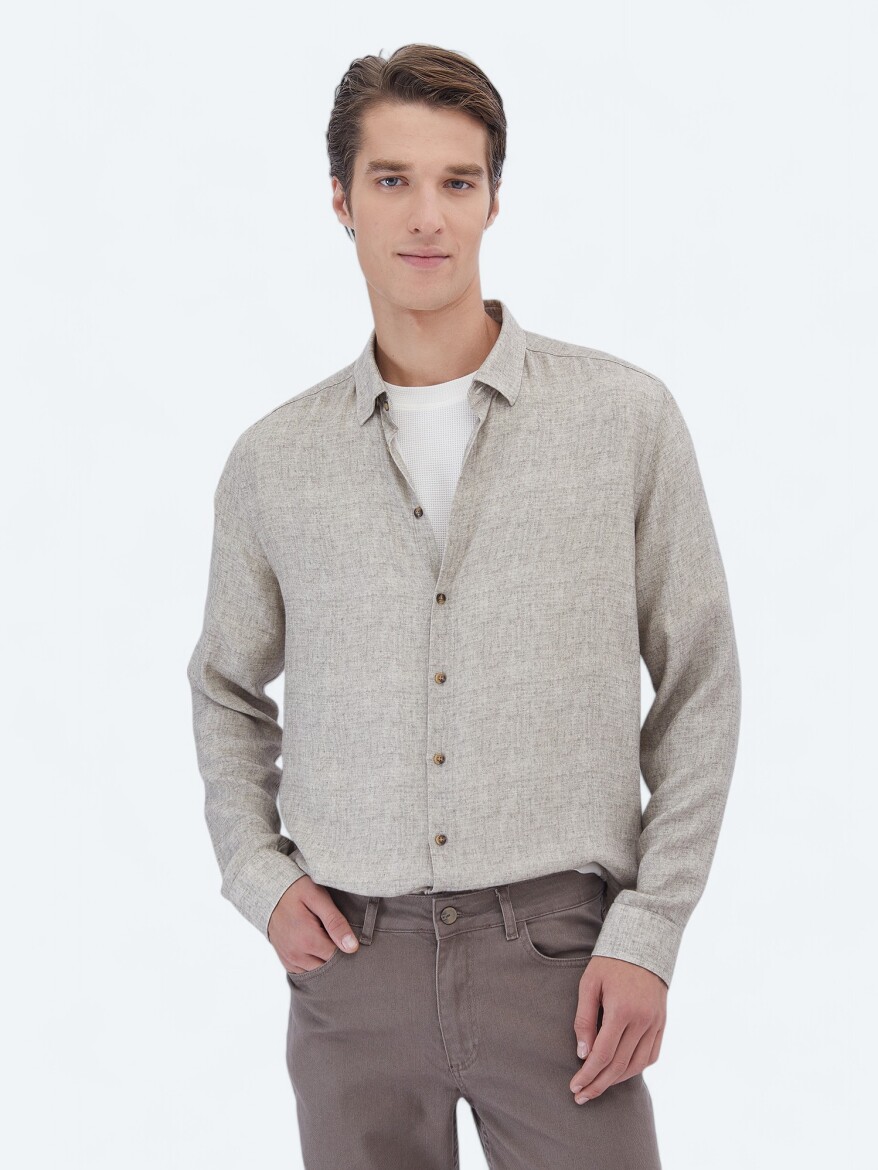 Bej Baskılı Regular Fit Uzun Dokuma Casual Gömlek - KİP