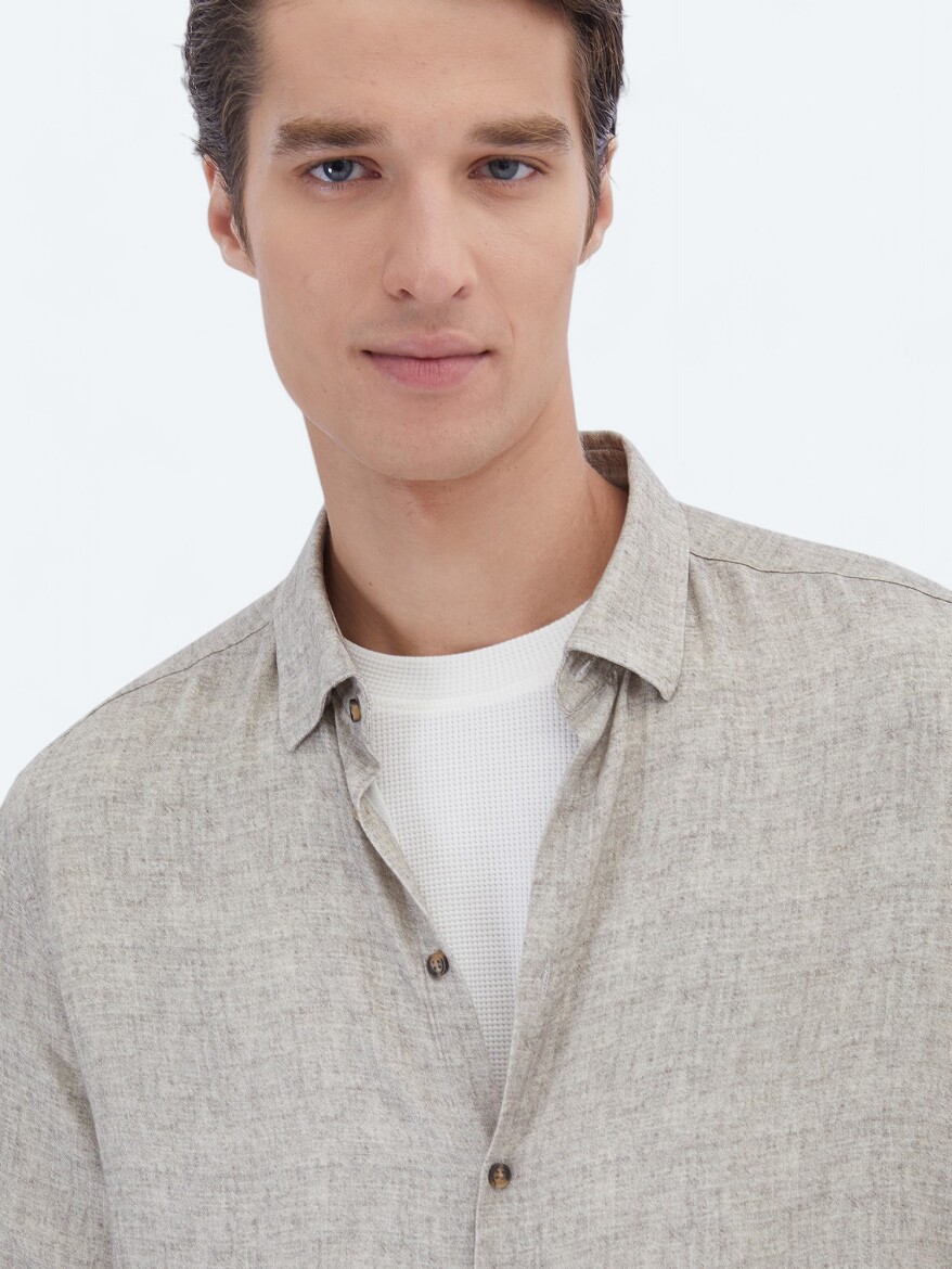 Bej Baskılı Regular Fit Uzun Dokuma Casual Gömlek - 3