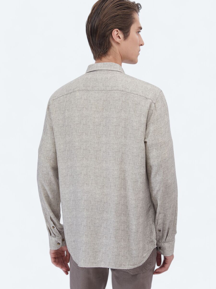 Bej Baskılı Regular Fit Uzun Dokuma Casual Gömlek - 5
