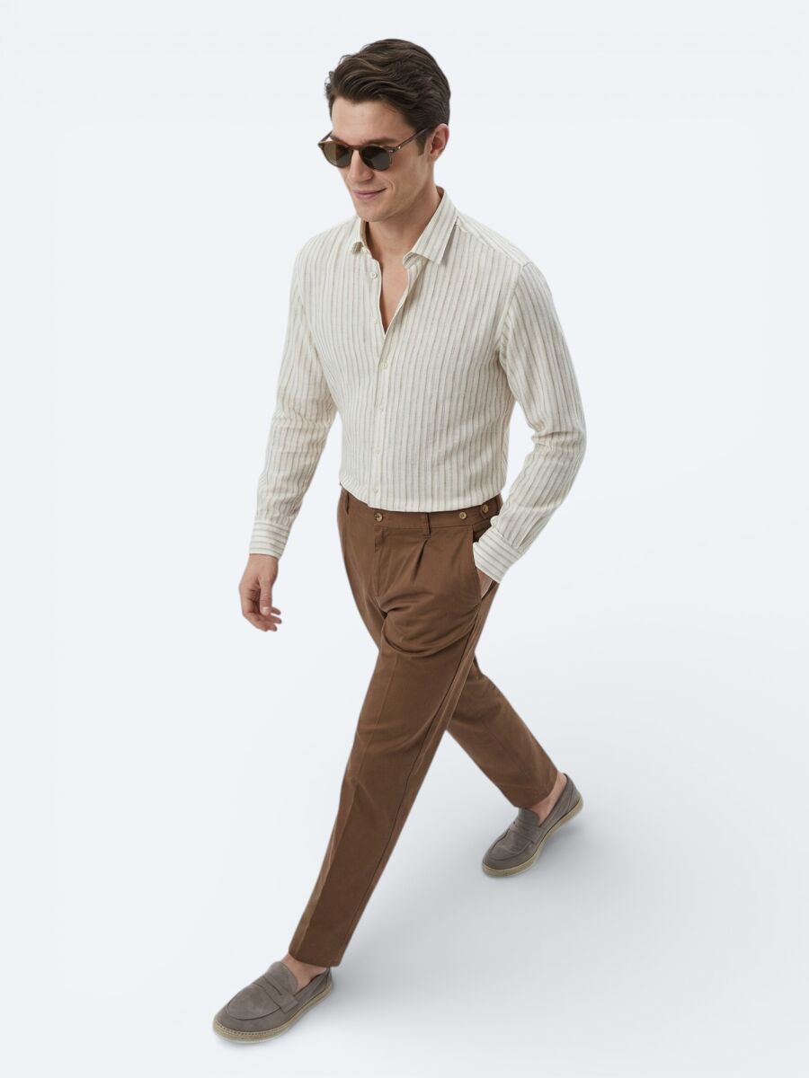 Bej Baskılı Regular Fit Uzun Dokuma Casual Gömlek - 2