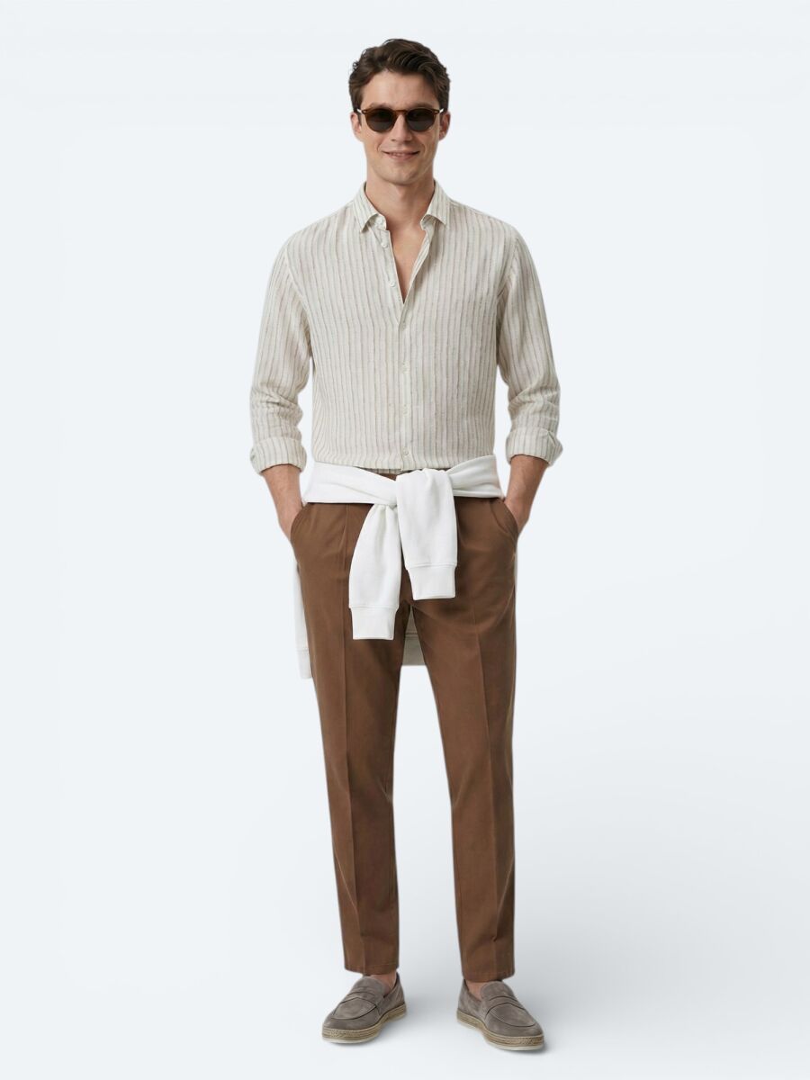 Bej Baskılı Regular Fit Uzun Dokuma Casual Gömlek - 4