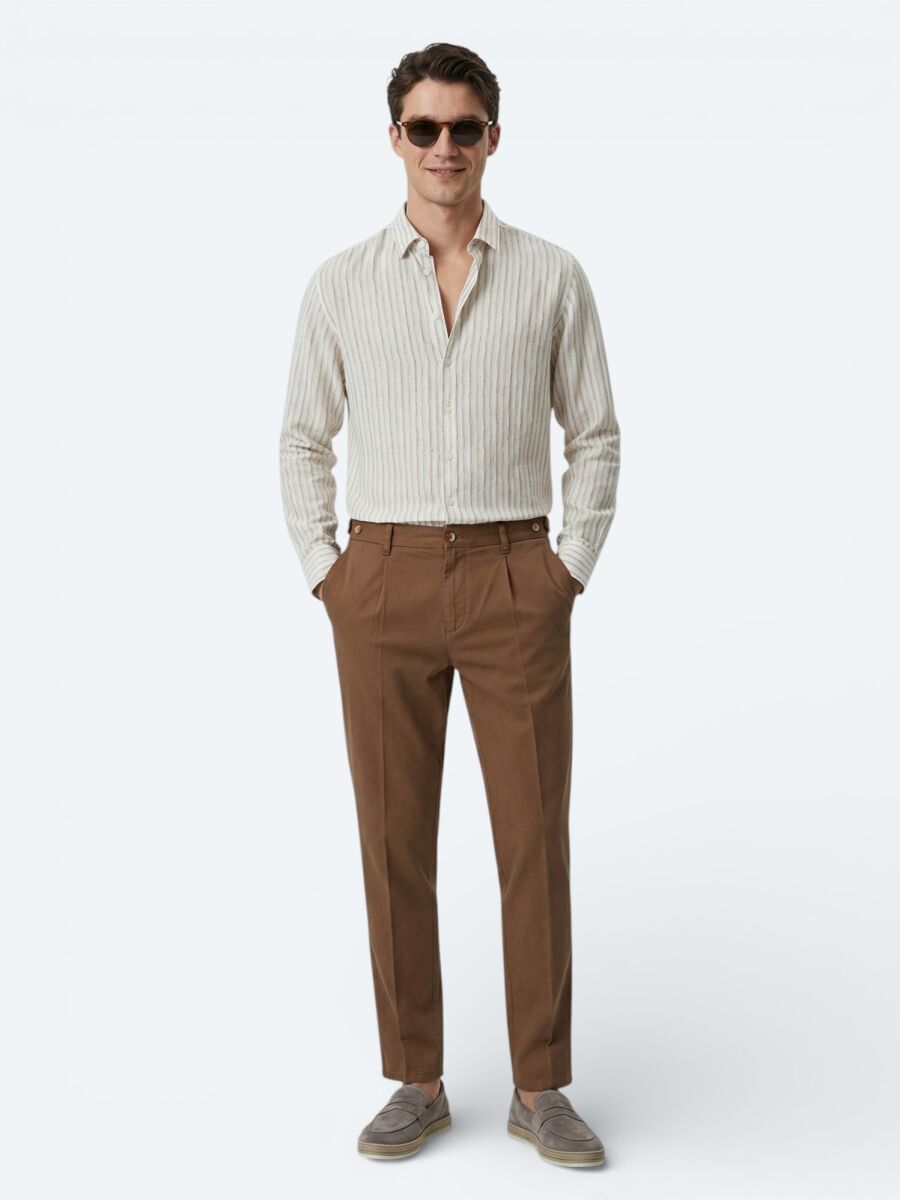 Bej Baskılı Regular Fit Uzun Dokuma Casual Gömlek - 5