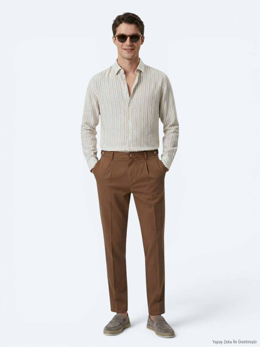 Bej Baskılı Regular Fit Uzun Dokuma Casual Gömlek - 5