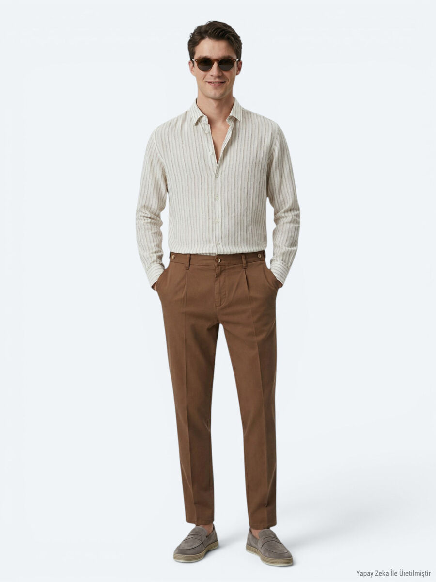 Bej Baskılı Regular Fit Uzun Dokuma Casual Gömlek - 5