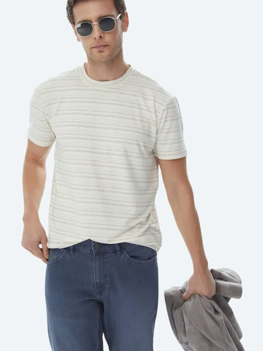 Bej Çizgili Bisiklet Yaka Keten Karışımlı T-Shirt - 3