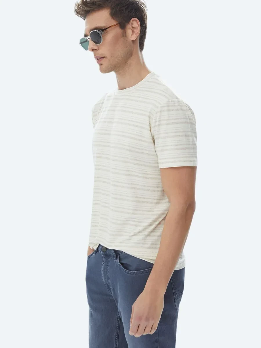 Bej Çizgili Bisiklet Yaka Keten Karışımlı T-Shirt - 4