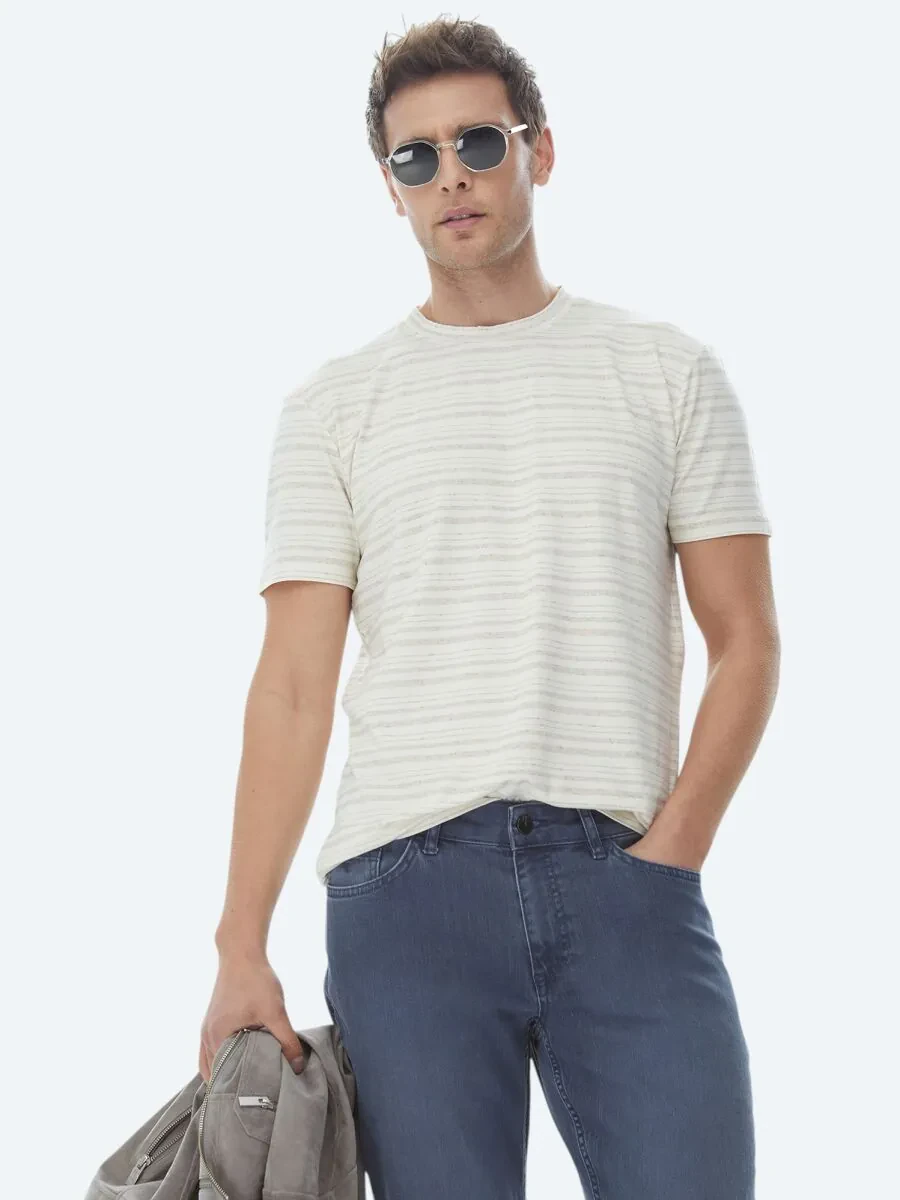 Bej Çizgili Bisiklet Yaka Keten Karışımlı T-Shirt - 5