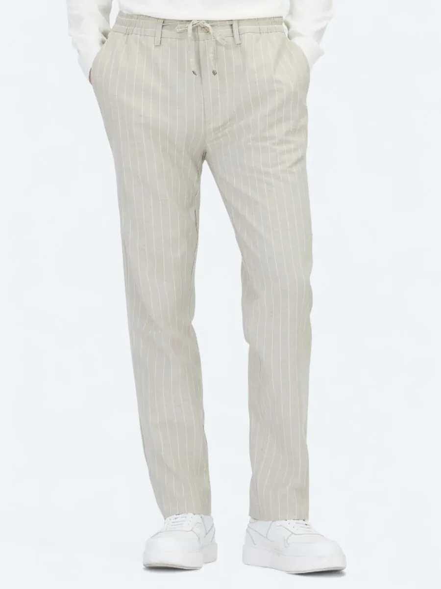 Bej Çizgili Dokuma Jogging Fit Casual Keten Karışımlı Pantolon - 2