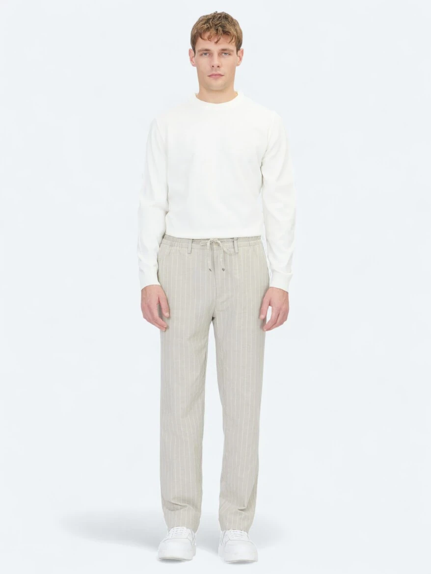 Bej Çizgili Dokuma Jogging Fit Casual Keten Karışımlı Pantolon - KİP