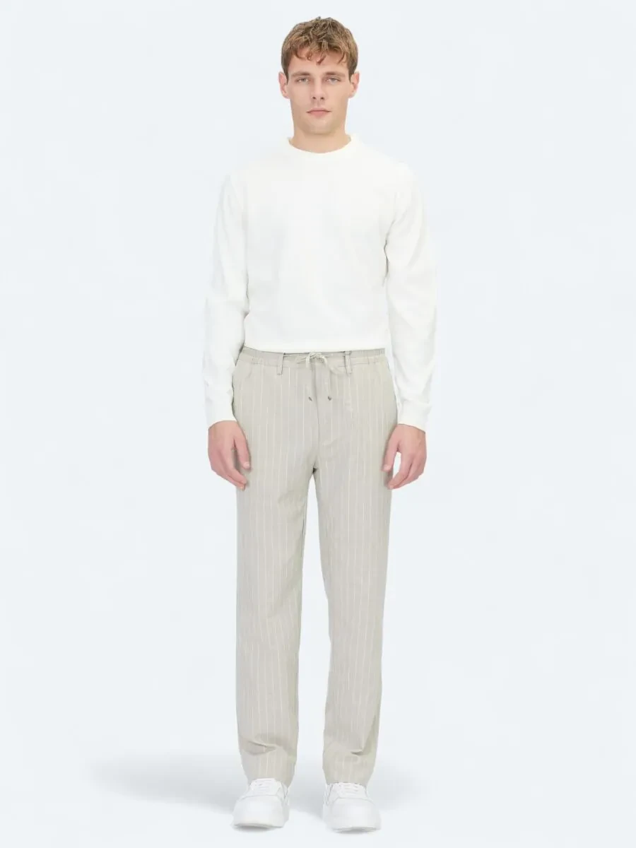 Bej Çizgili Dokuma Jogging Fit Casual Keten Karışımlı Pantolon - 3