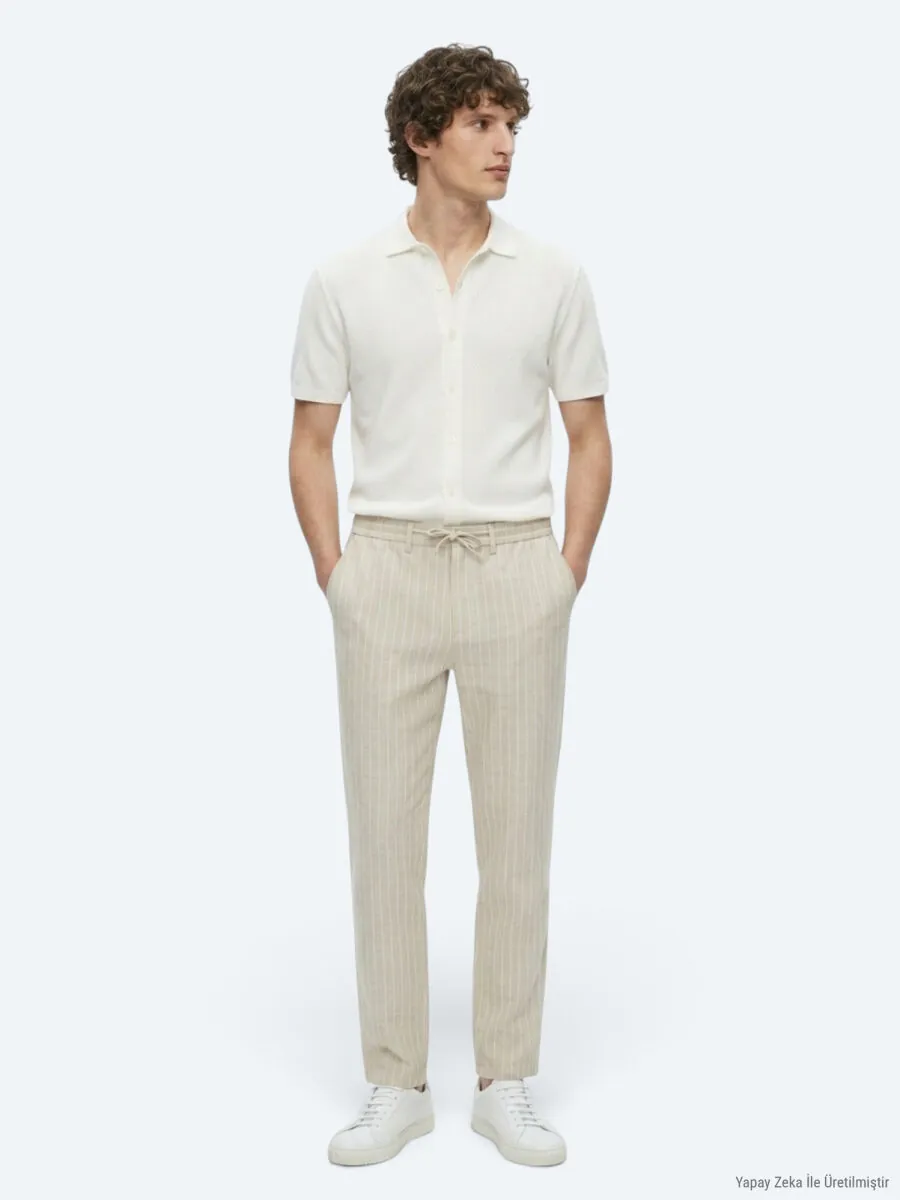Bej Çizgili Dokuma Jogging Fit Casual Keten Karışımlı Pantolon - 1