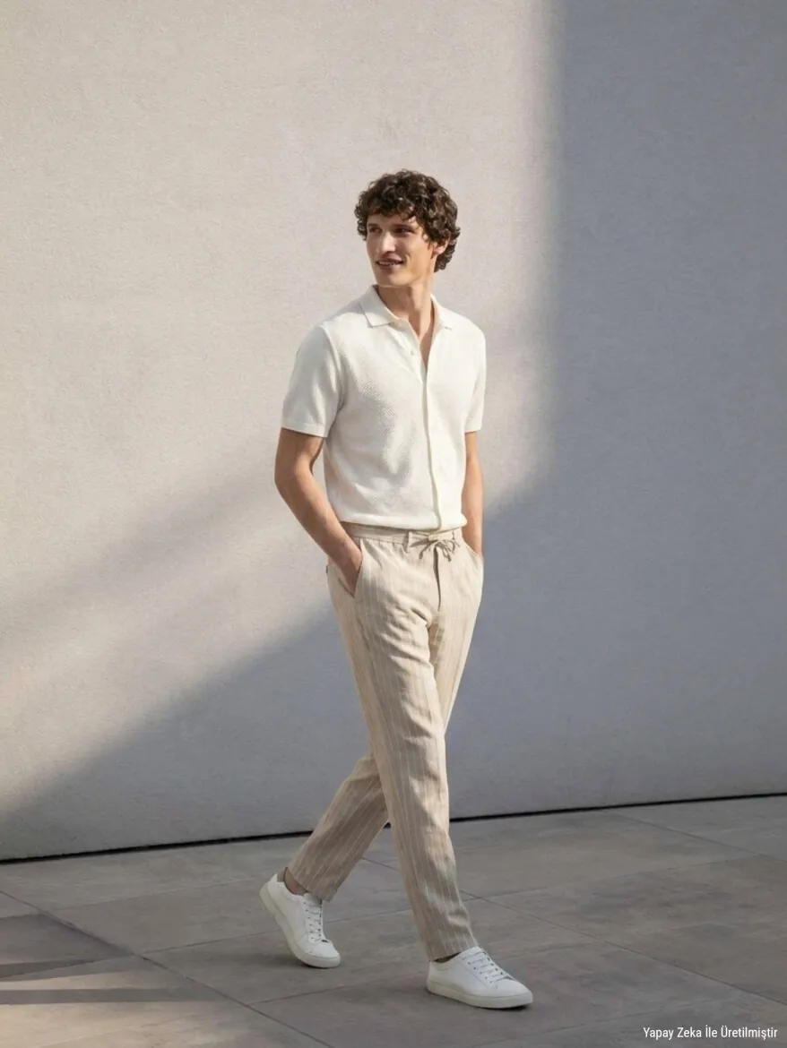 Bej Çizgili Dokuma Jogging Fit Casual Keten Karışımlı Pantolon - KİP