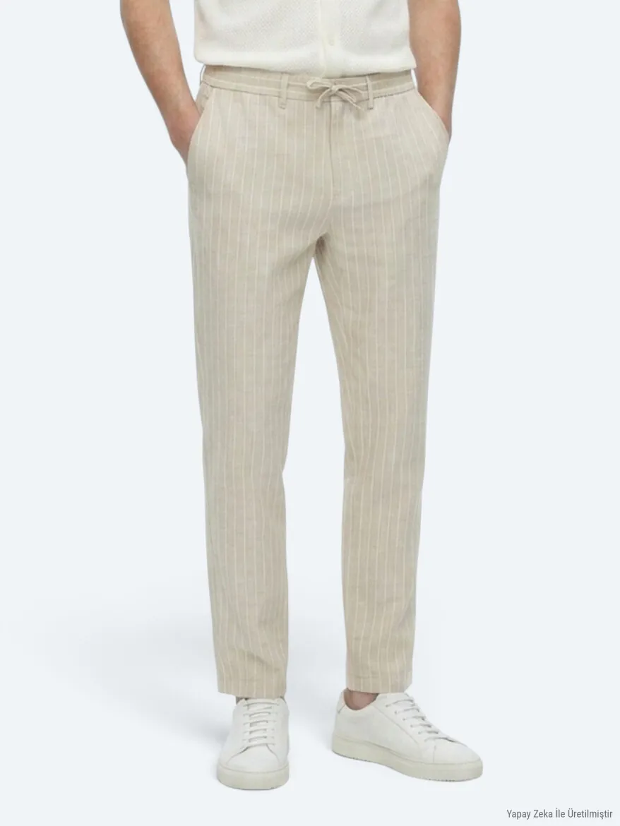 Bej Çizgili Dokuma Jogging Fit Casual Keten Karışımlı Pantolon - 3