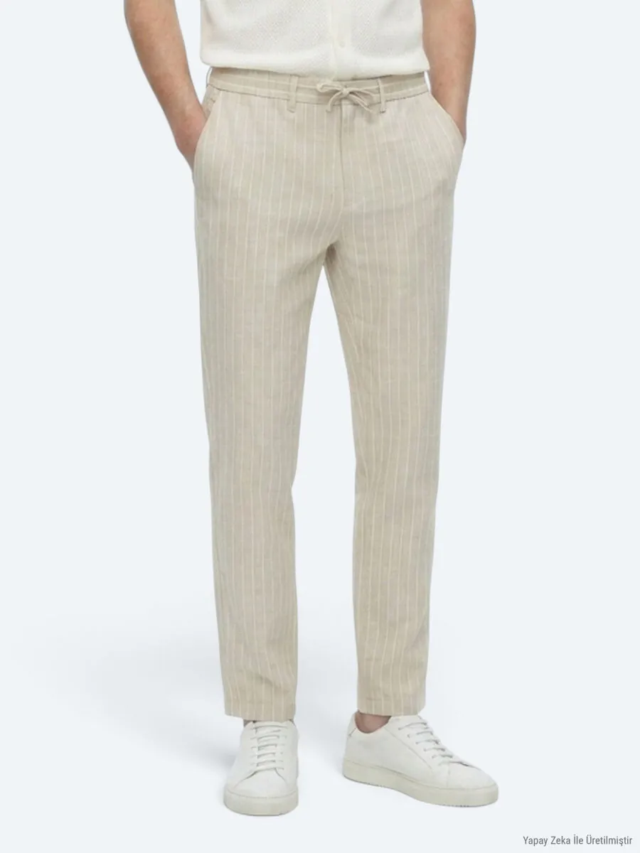 Bej Çizgili Dokuma Jogging Fit Casual Keten Karışımlı Pantolon - 3