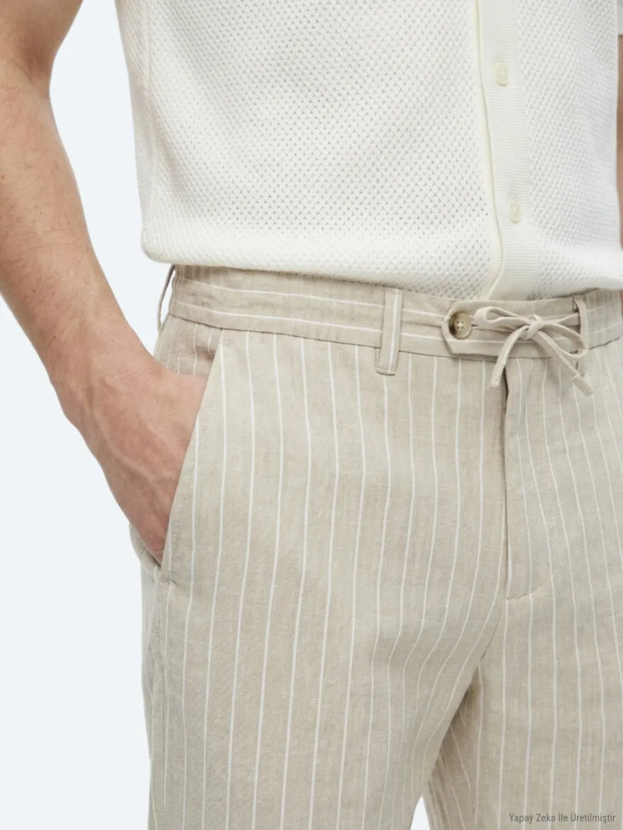 Bej Çizgili Dokuma Jogging Fit Casual Keten Karışımlı Pantolon - 4