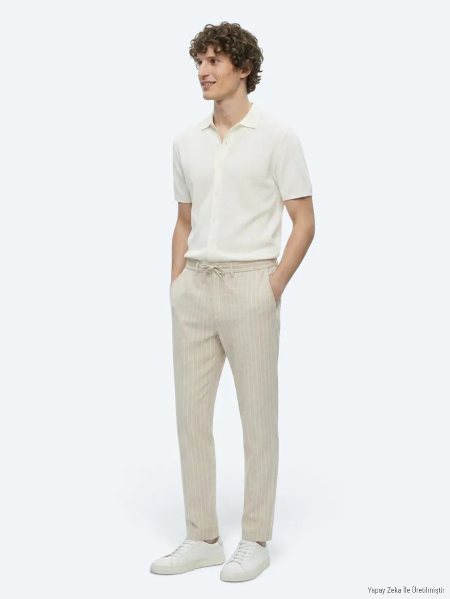 Bej Çizgili Dokuma Jogging Fit Casual Keten Karışımlı Pantolon - 5