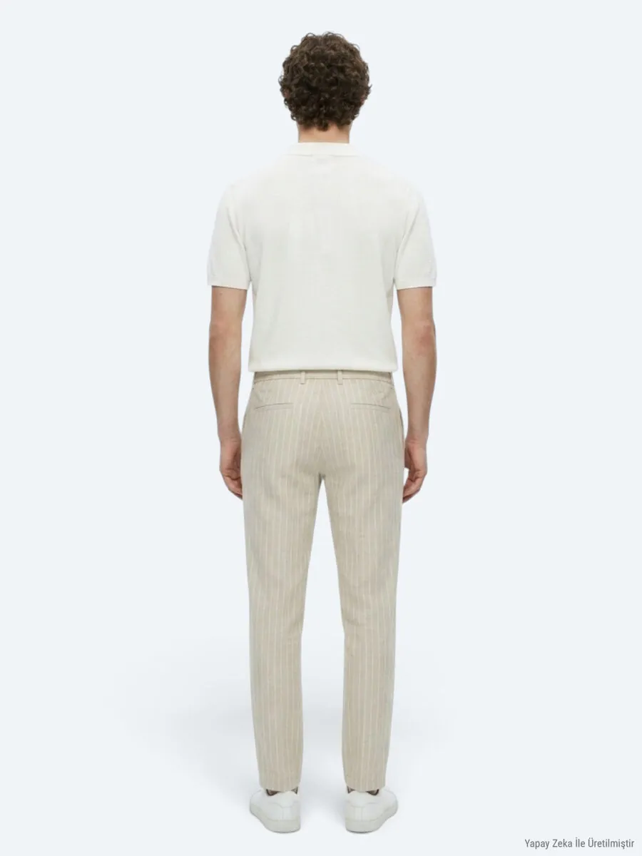 Bej Çizgili Dokuma Jogging Fit Casual Keten Karışımlı Pantolon - 6