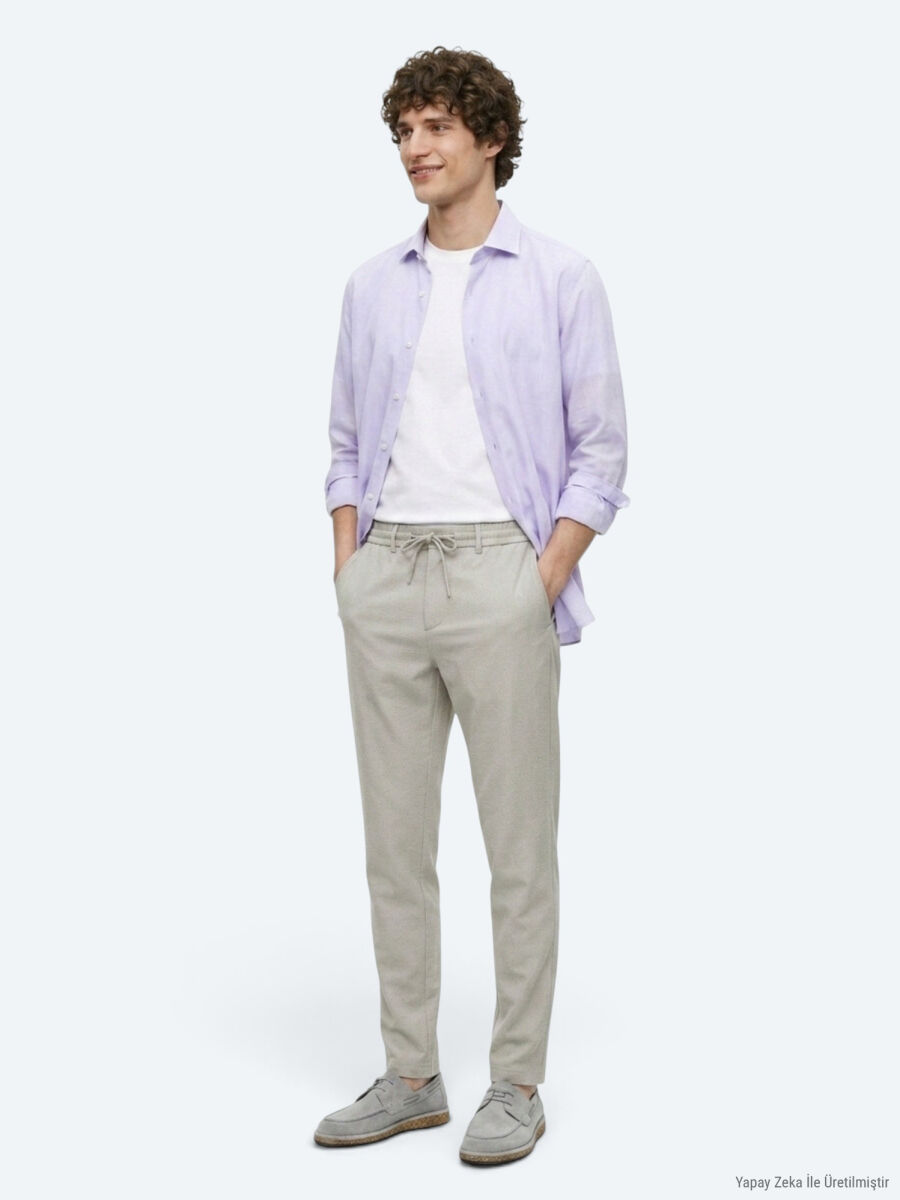 Bej Çizgili Dokuma Jogging Fit Casual Pantolon - 2