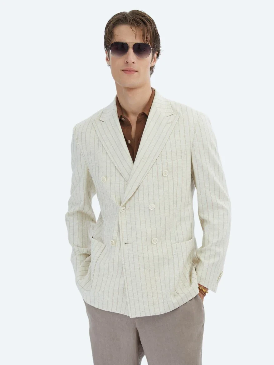 Bej Çizgili Modern Fit Keten Karışımlı Ceket - KİP