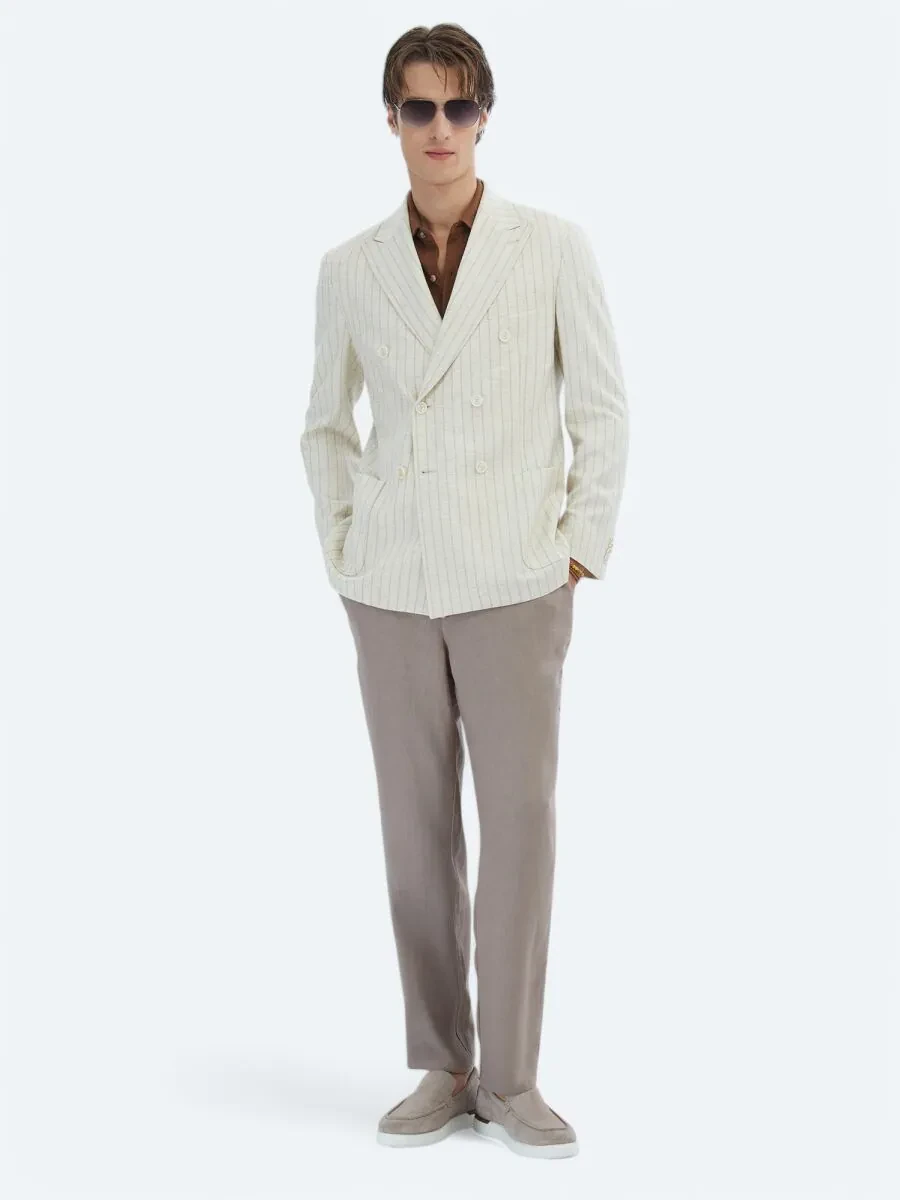 Bej Çizgili Modern Fit Keten Karışımlı Ceket - 2