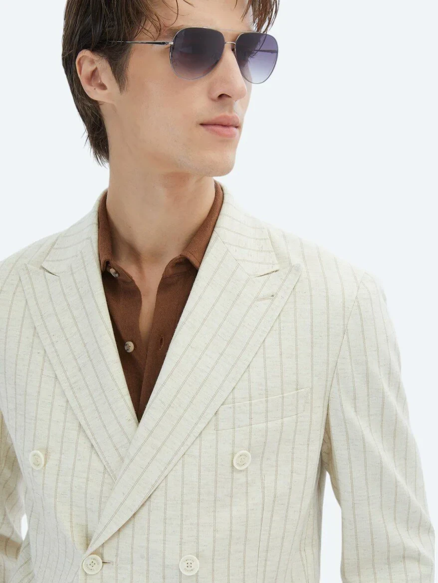 Bej Çizgili Modern Fit Keten Karışımlı Ceket - 4