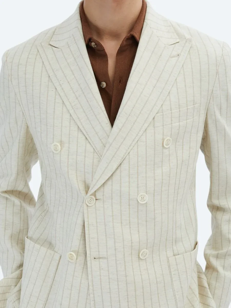 Bej Çizgili Modern Fit Keten Karışımlı Ceket - 5