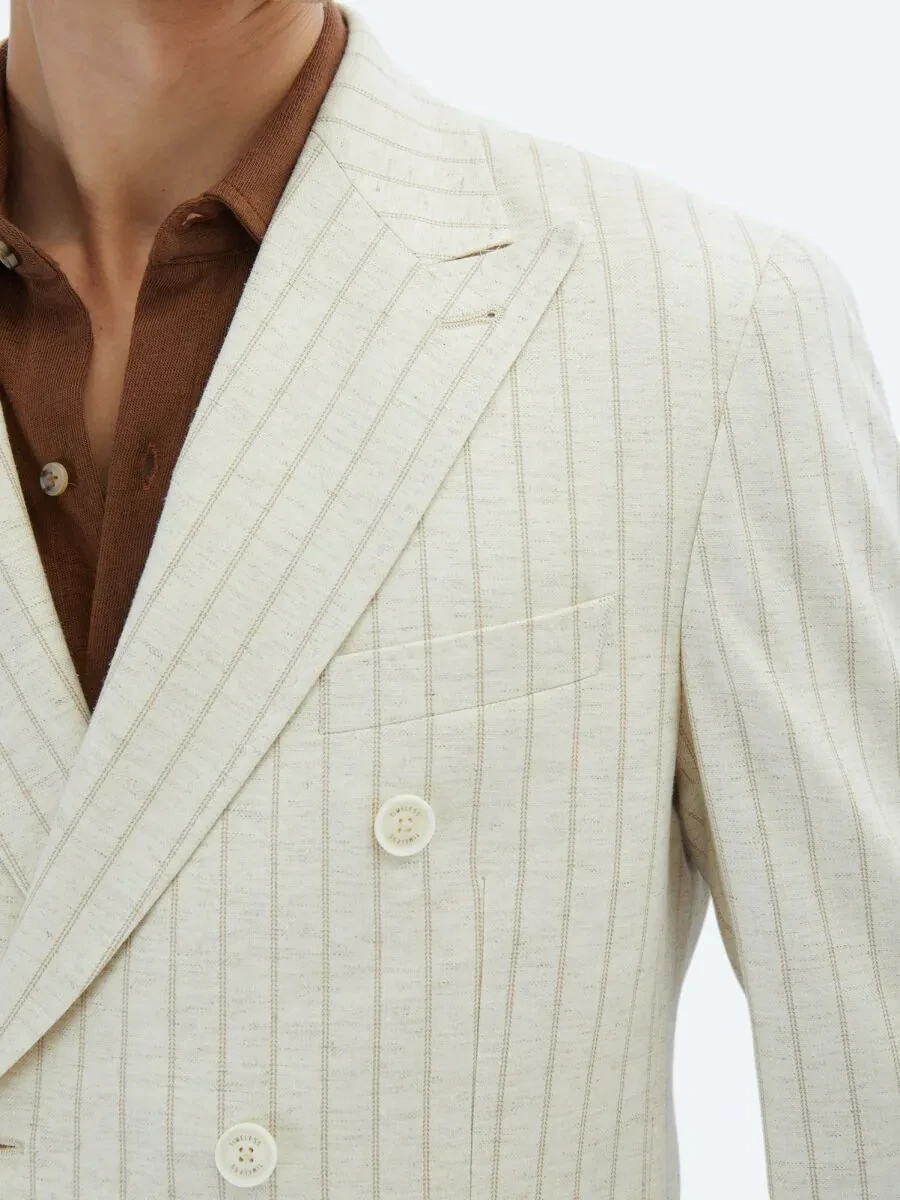 Bej Çizgili Modern Fit Keten Karışımlı Ceket - 6
