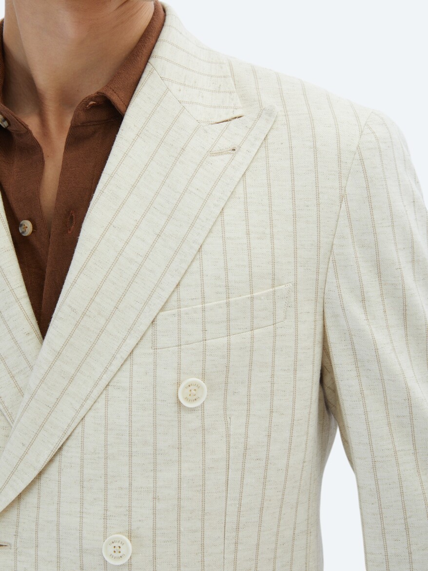 Bej Çizgili Modern Fit Keten Karışımlı Ceket - 6