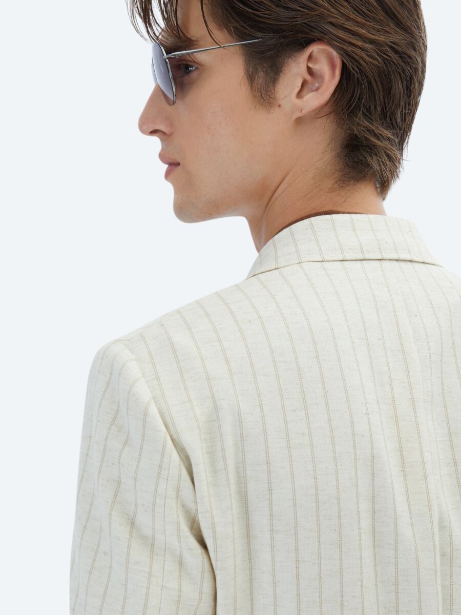 Bej Çizgili Modern Fit Keten Karışımlı Ceket - 7