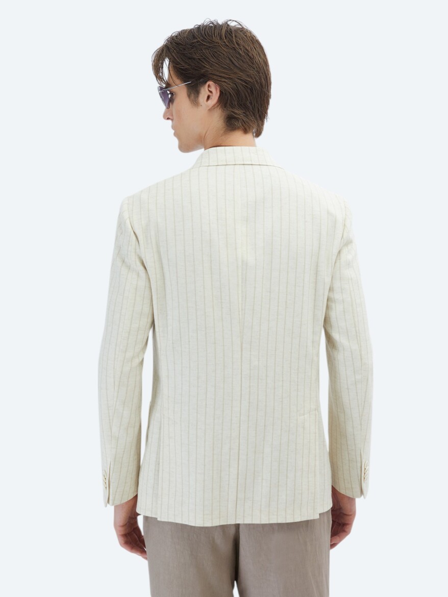 Bej Çizgili Modern Fit Keten Karışımlı Ceket - 8