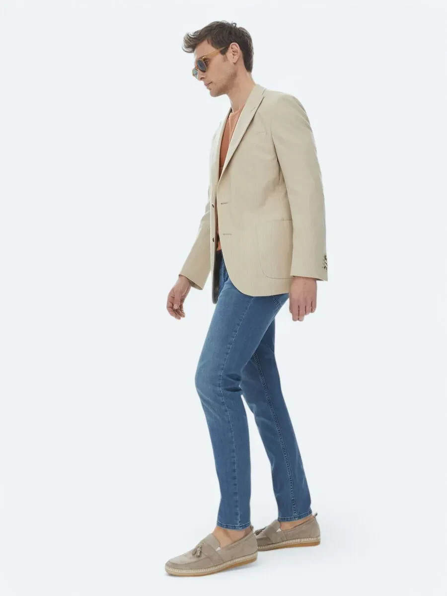 Bej Çizgili Modern Fit Pamuk Karışımlı Ceket - 2