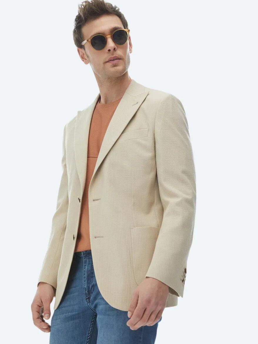 Bej Çizgili Modern Fit Pamuk Karışımlı Ceket - 3