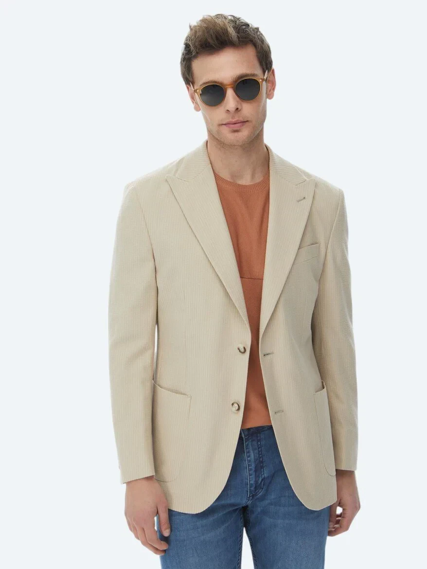 Bej Çizgili Modern Fit Pamuk Karışımlı Ceket - 4