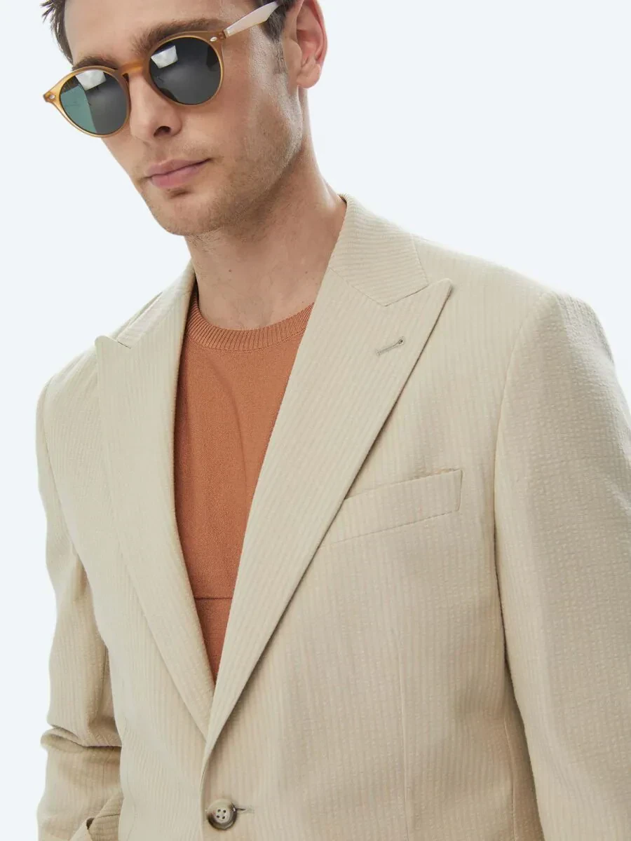 Bej Çizgili Modern Fit Pamuk Karışımlı Ceket - 5