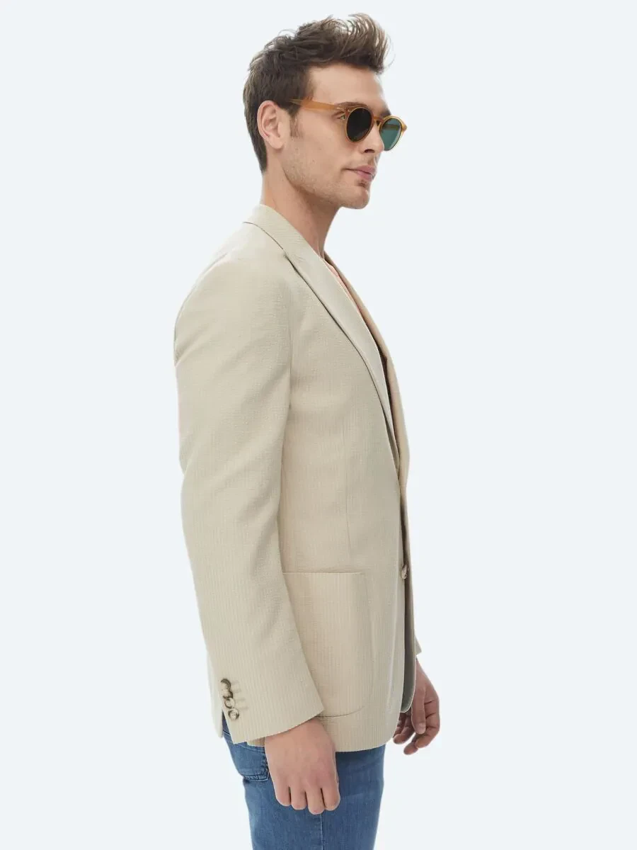 Bej Çizgili Modern Fit Pamuk Karışımlı Ceket - 6
